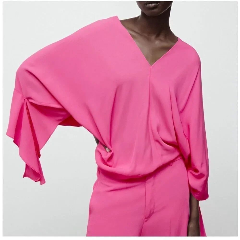 Zara Women’s Blogger Fave Bubblegum Barbie Pink Oversized Liquid Tie Cuff V Neck